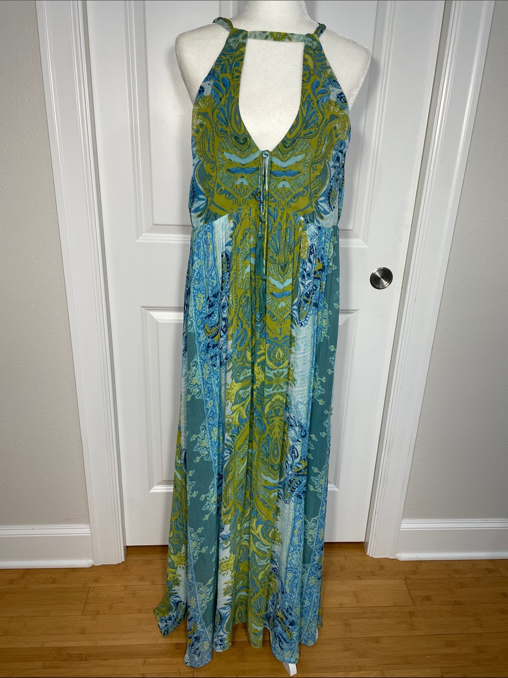 Free People Spring Scenery Maxi Dress Size 12 Halter Neck Floral Blue Green - Picture 7 of 15